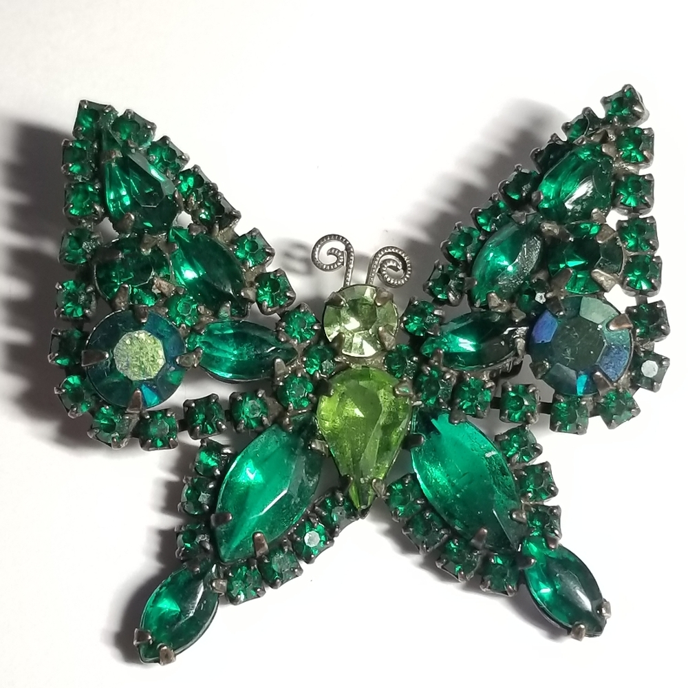 Vintage butterfly brooch green rhinestones pin moth insect bug jewelry p…
